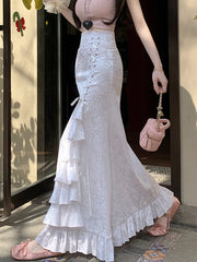 Lunivop  Print Vintage Long Skirt Women Casual Ruffles England Sweet Trumpet Skirts Retro Lace Up Elegant Female Design Long Skirt