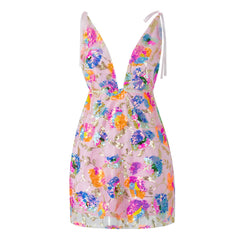 Lunivop  Sexy Women's Sparkly Floral Sequin Dress Summer Backless Low-Cut Shinny Mini Dress for Birthday Party Cocktail Clubwear Wedding
