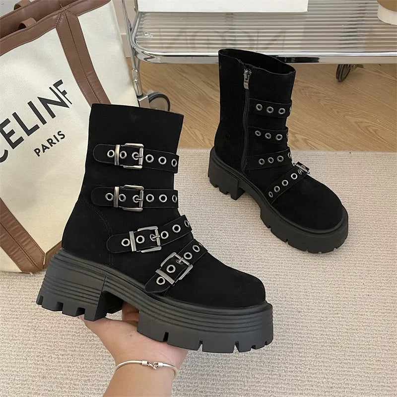 Lunivop Chunky High Heels Suede Platform Ankle Boots Women New Winter Fashion Belt Buckle Wedges Shoes Ladies Trend Punk Ankle Boots