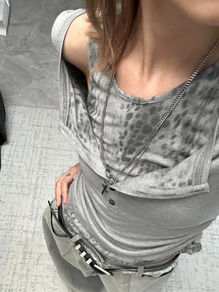Lunivop  Gray Leopard Print Off Shoulder Long Sleeve T-shirts Women Harajuku Slim Fit Base Short Tops Vintage Punk Y2k Goth Tees