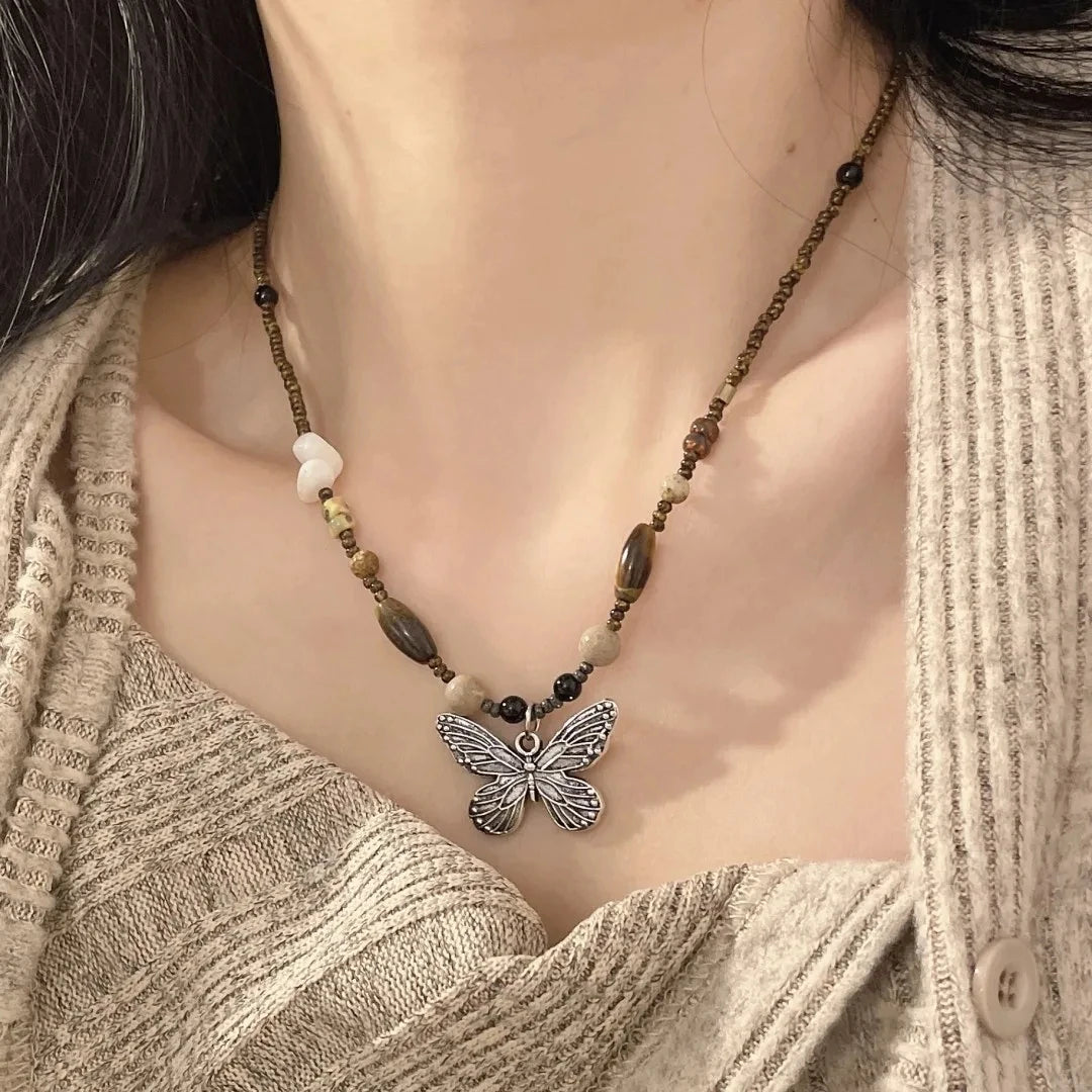 Lunivop National Style Color Beads Butterflies Necklace Female Temperament Thin Rope Collarbone Chain Adjustable Chain Jewelry