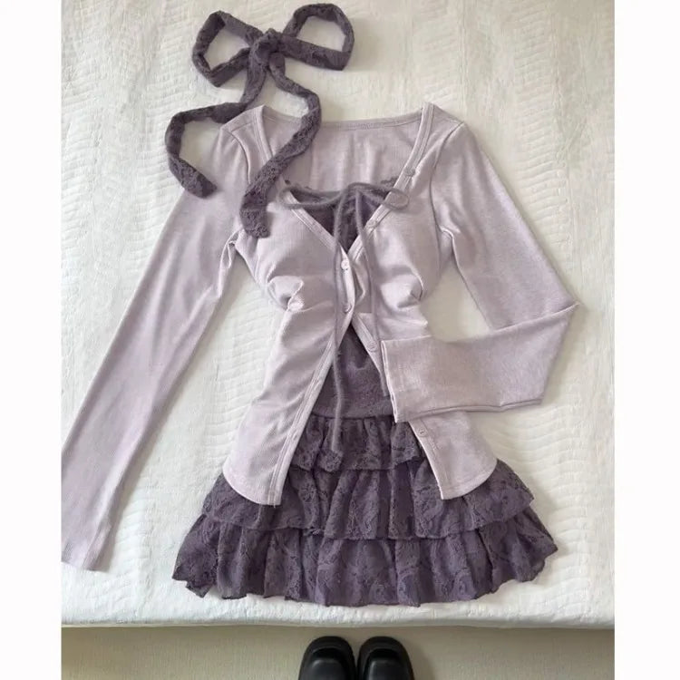Lunivop  Sweet Fake Two Piece Long Sleeve Top for Women+ Y2k High Waist A-line Skirts Two Piece Sets 2025 Summer Fashion New