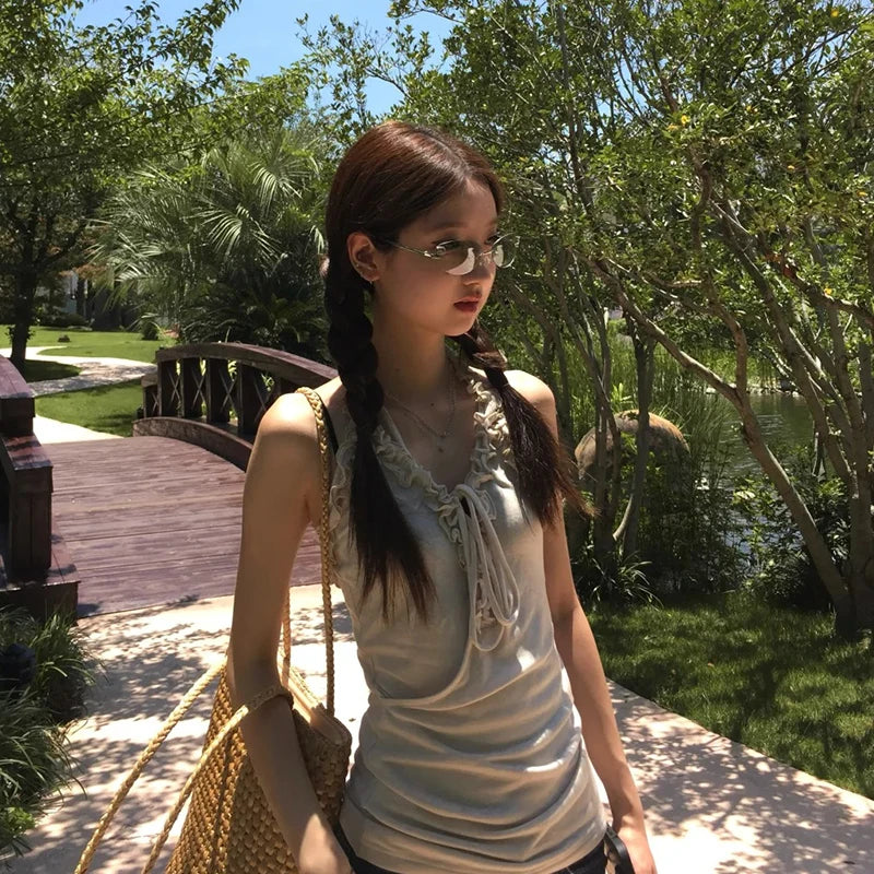 Lunivop Japanese Y2k Tank Tops Women Sleeveless V Neck Crop Tops Streetwear American Retro 90s Backless Camis Tops Summer