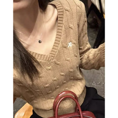 Lunivop Korean Style V Neck Sweaters Women Preppy Style Sweet Knitted Pullover Vintage Elegant Old Money Long Sleeve Crop Tops