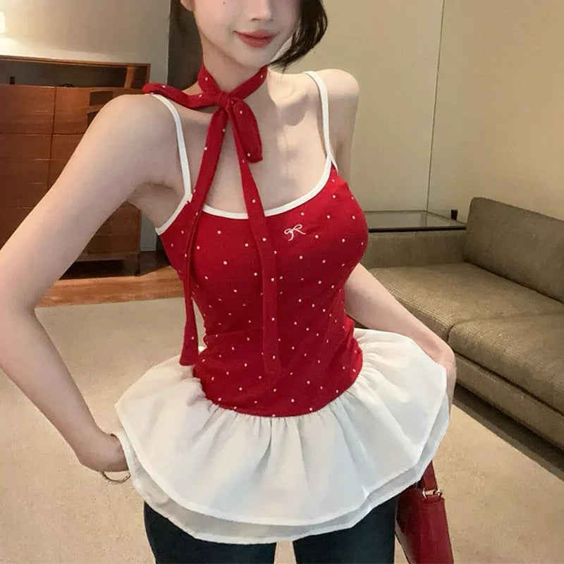 Lunivop  New Summer Female T-Shirts Sweet Wave Point T-Shirts Girls Chic Beach Vacation Slip Clothes Lady Slim Fit Thin Ruffle Tops