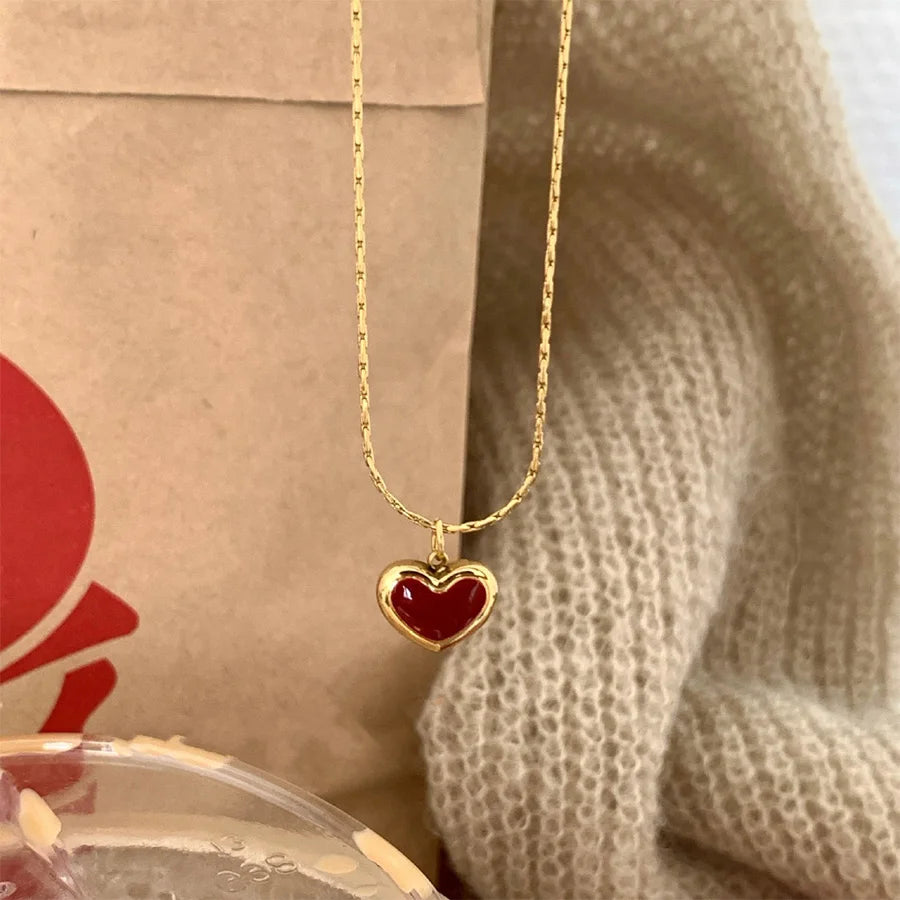 Lunivop Korean Trendy Red Heart Pendant Golden Stainless Steel Necklace for Women Sweet Elegant Niche Design Party Jewelry Wedding Gifts