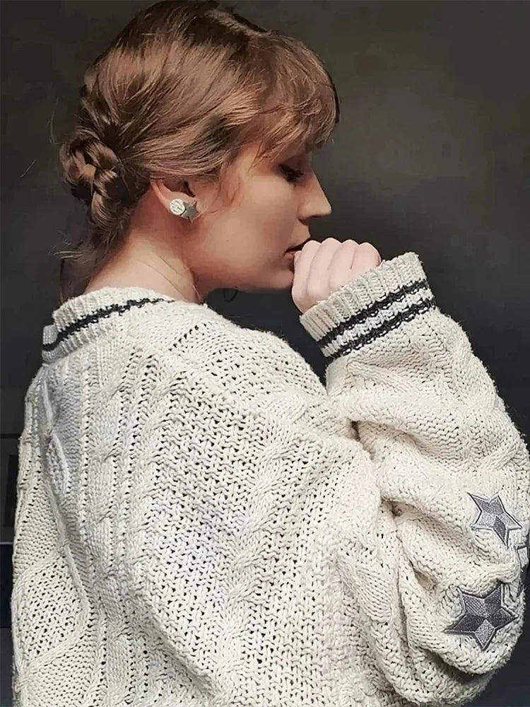 Lunivop Folklore Cardigan with Star Embroidery Button Up Oversized Knit Jacket Cardigan Sweater Women Teenage Girls TS Concert Outfit