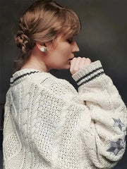 Lunivop Folklore Cardigan with Star Embroidery Button Up Oversized Knit Jacket Cardigan Sweater Women Teenage Girls TS Concert Outfit