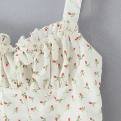 Lunivop  New French Style Vintage Rose Flower Print Wood ears Bow Ruched Chest Sling Dress Women Cross Lacing up Backless Short Vestidos