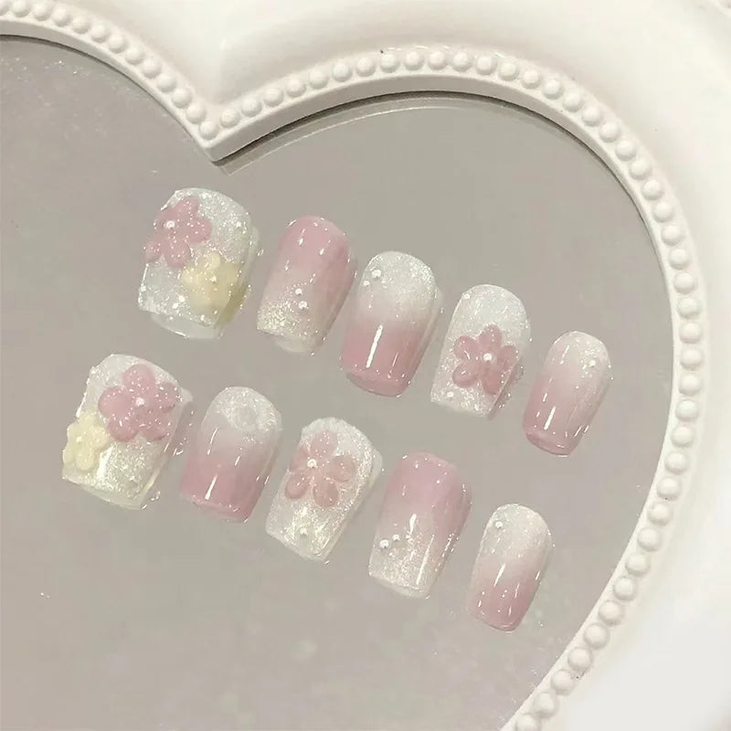 Lunivop  24pcs Short Fake Press on Acrylic Nails for Gluing Ready Sweet 3d Floral Nail Tips Cat Eye Summer Aesthetic False Finger Nails
