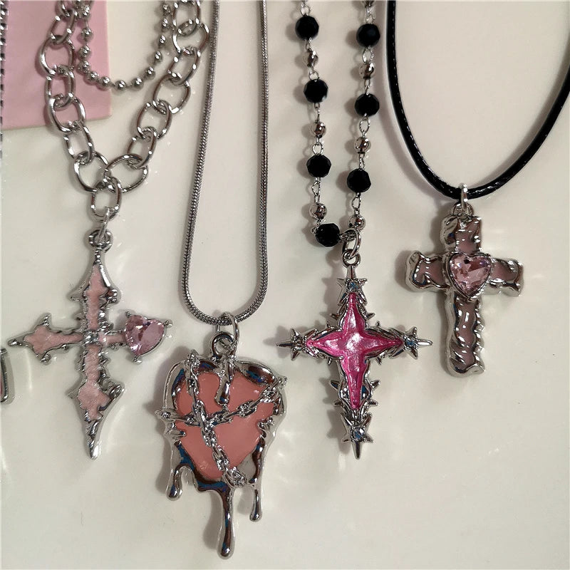 Lunivop Gothic Y2K Pink Cross Heart Pendant Chain Choker Necklace For Women Egirl Hip Hop Punk Charms Aesthetic Jewelry EMO Accessories