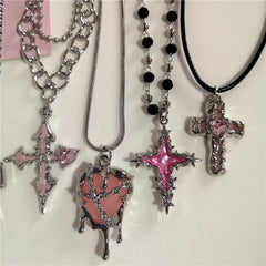 Lunivop Gothic Y2K Pink Cross Heart Pendant Chain Choker Necklace For Women Egirl Hip Hop Punk Charms Aesthetic Jewelry EMO Accessories