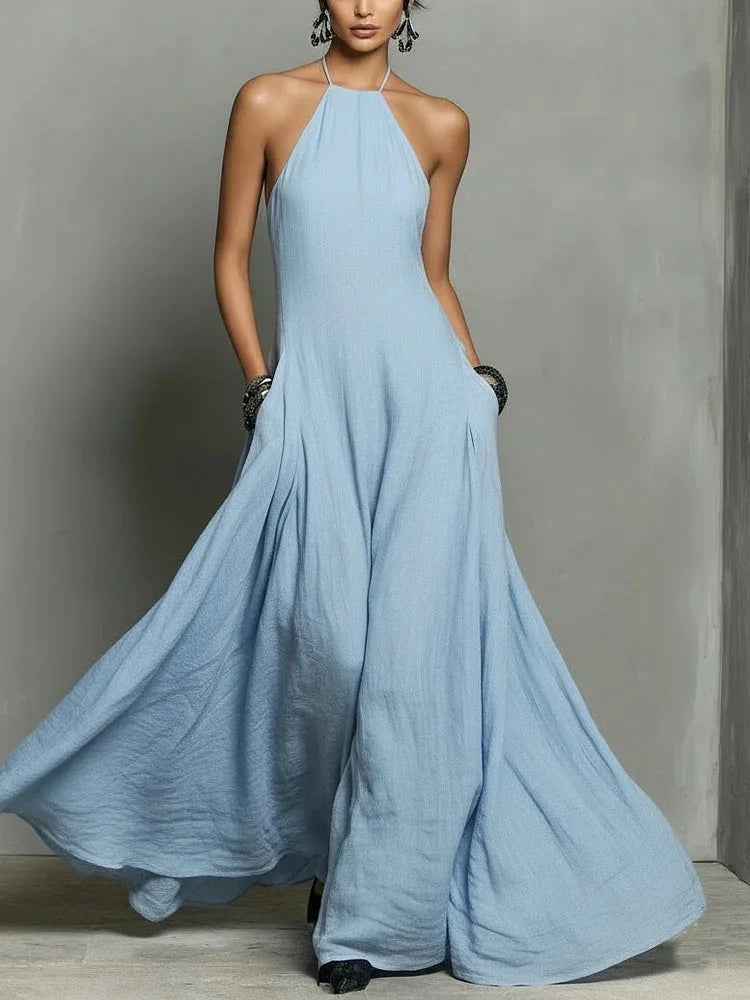Lunivop  Blue Sleeveless Prom Dresses Halter Pleated Wedding Party Dress For Women Formal Gowns Floor Length Gala
