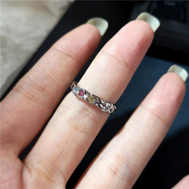 Lunivop Kpop Fashion Y2K Crystal Heart Adjustable Ring Irregular Geometry Punk Vintage Rings For Women Girls Cute Jewelry Accessories