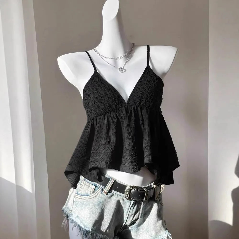 Lunivop  Casual Euramerican Beach Style Lazy Tank Tops Harajuku Y2k Sweet Exquisite Lace Hollow Out Tees Pleated Punk Spice Girl Clothes