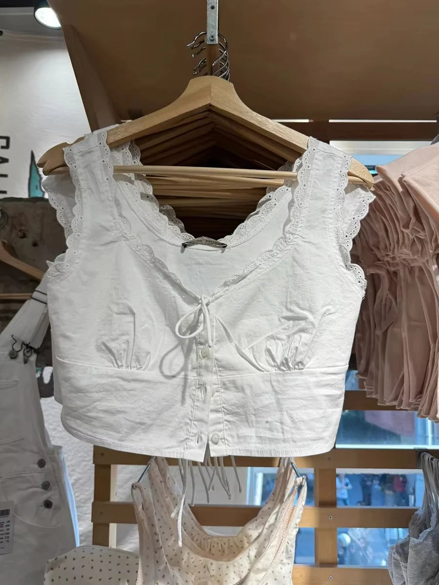 Lunivop  White Lace Trim Slim Tank Tops Women New Lace-up V-neck Single Breasted Sleeveless Crop Top Sweet Simple Basic Cropped Vest Y2K