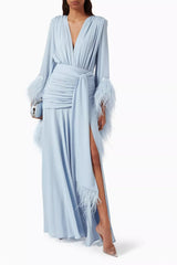 Lunivop  Light Blue Evening Dress V-Neck Feather Long Sleeves Elegant Evening Gowns Cascading Chiffon Ruffle Party Dresses