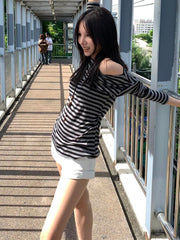Lunivop Y2k Japanese T Shirt Women Slim Striped Off Shoulder Tee Tops Streetwear Korean Style Vintage Tops Autumn 2000s Tshirts