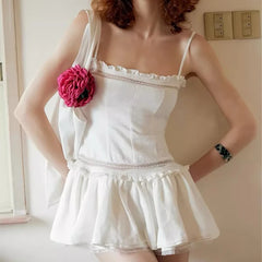 Lunivop  Sexy Beige White Lace Spliced Sling Dress Women Low waist A-line Summer Short Dresses Holiday Party  Robe Cotton