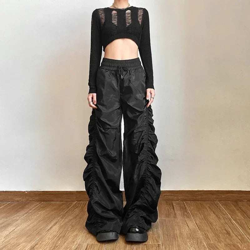 Lunivop Vintage High Waist Drawstring Black Casual Pants Women 2025 Spring New Streetwear Pleated Loose All Match Wide Leg Pants