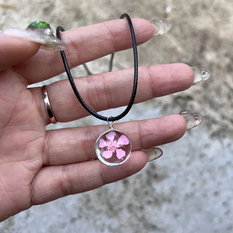 Lunivop Fahion Glass Charm Real Dried Flower Pendant Necklace Transparent Butterfly Flower Pendant Necklace For Women Jewelry