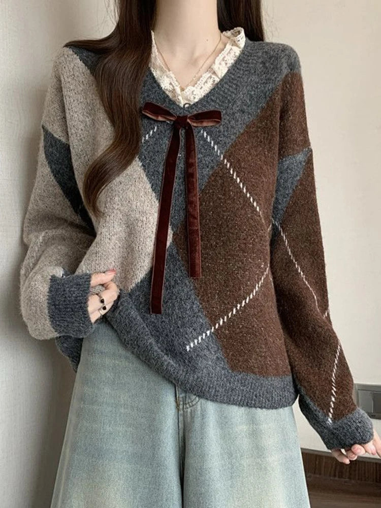 Lunivop Sweet Bow Argyle Sweaters Women Retro Preppy Style Loose Knitted Pullover Lace Patchwork Long Sleeve Female Vintage Jumpers Fall