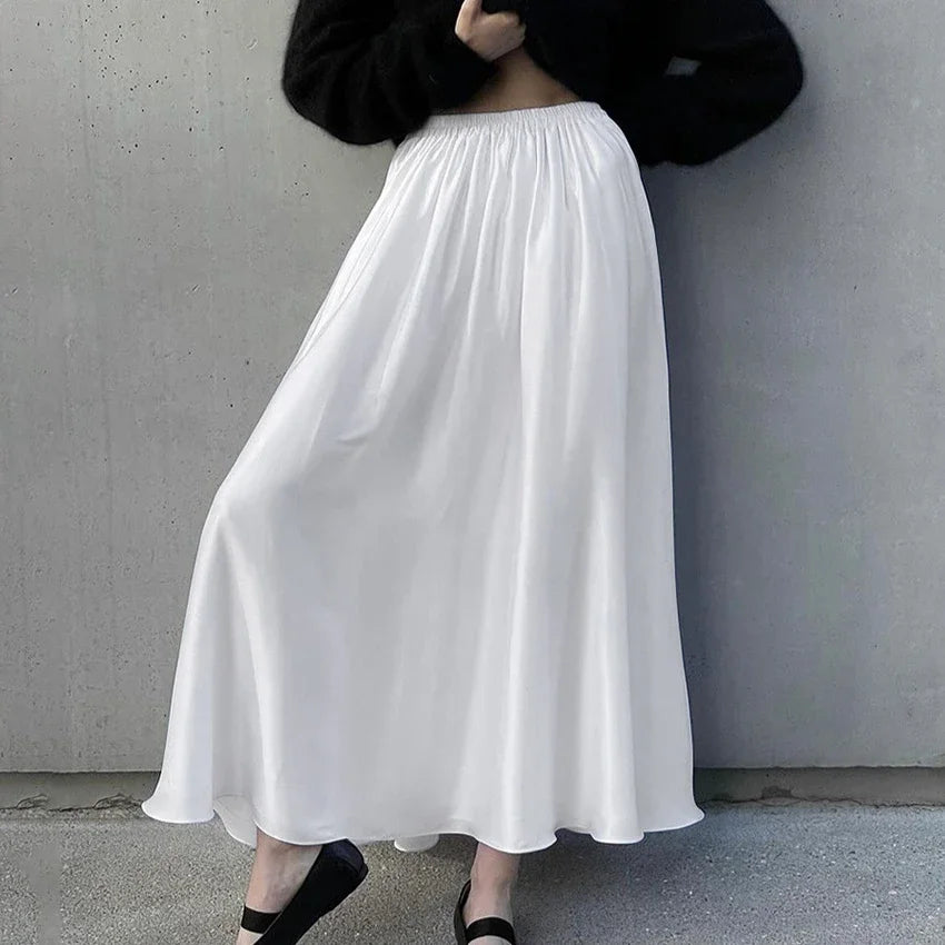 Lunivop White Satin Maxi Skirt for Women Elegant Fashion High Waist Slim Skirts Autumn Winter Casual Loose A-line Skirt with Lining 2024