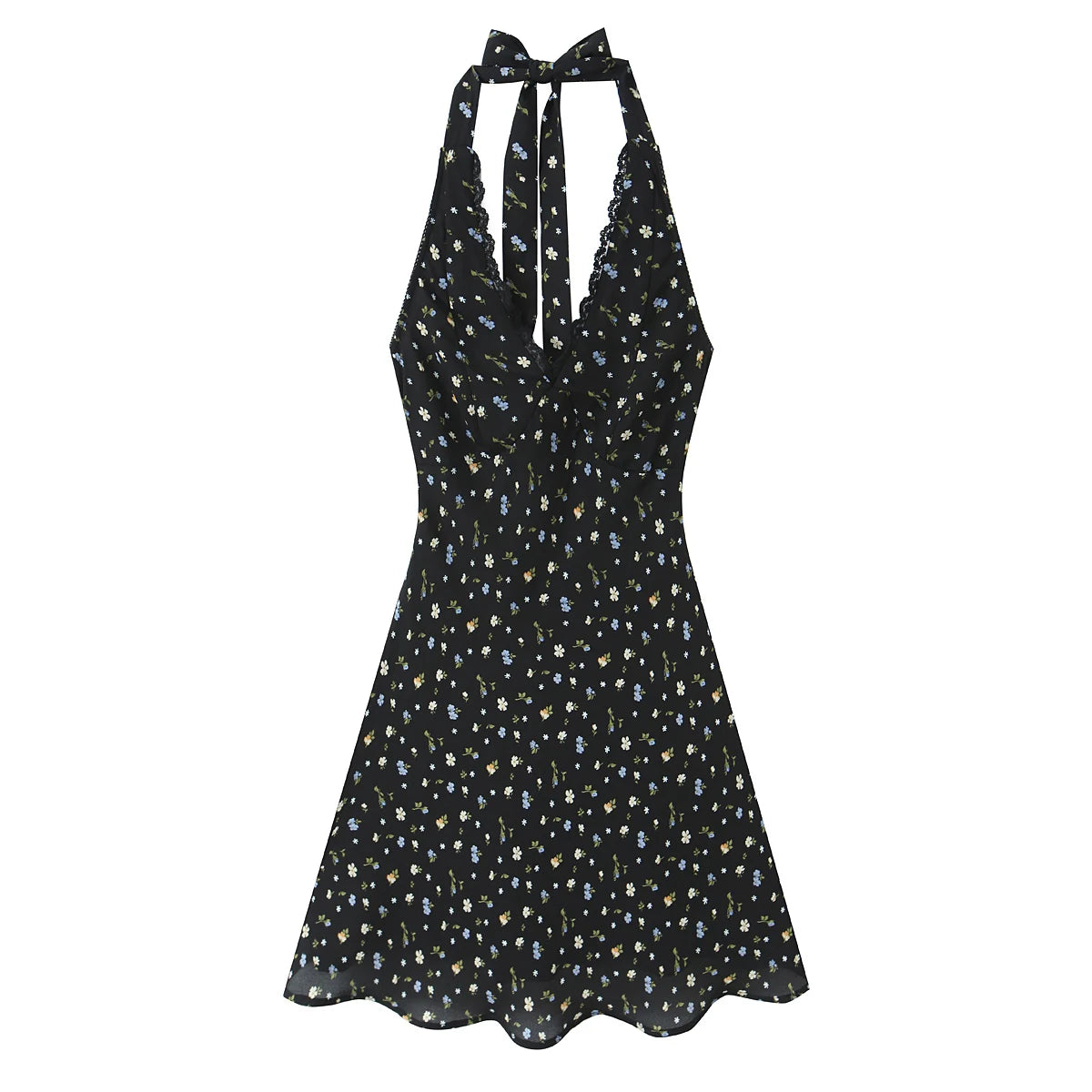 Lunivop  Sexy Black Floral Print Spliced Lace Bow Halter V Collar Backless Mini Dress Women Elastic Zipper Back A-line Short Robe Holiday