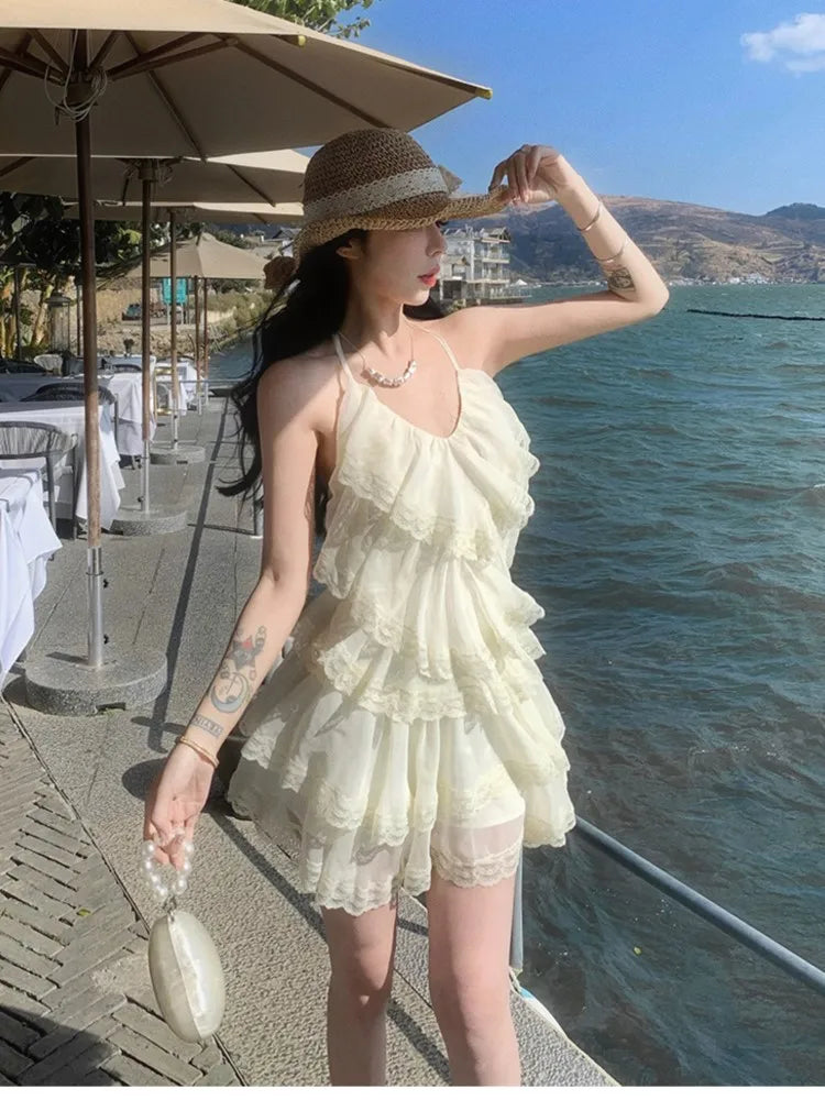 Lunivop  Basics Sweet Beige Long Dresess Ruffled Hdiday Straps Short V-Neck Dress Spring Summer Holiday midi elbiseler Vestidos New
