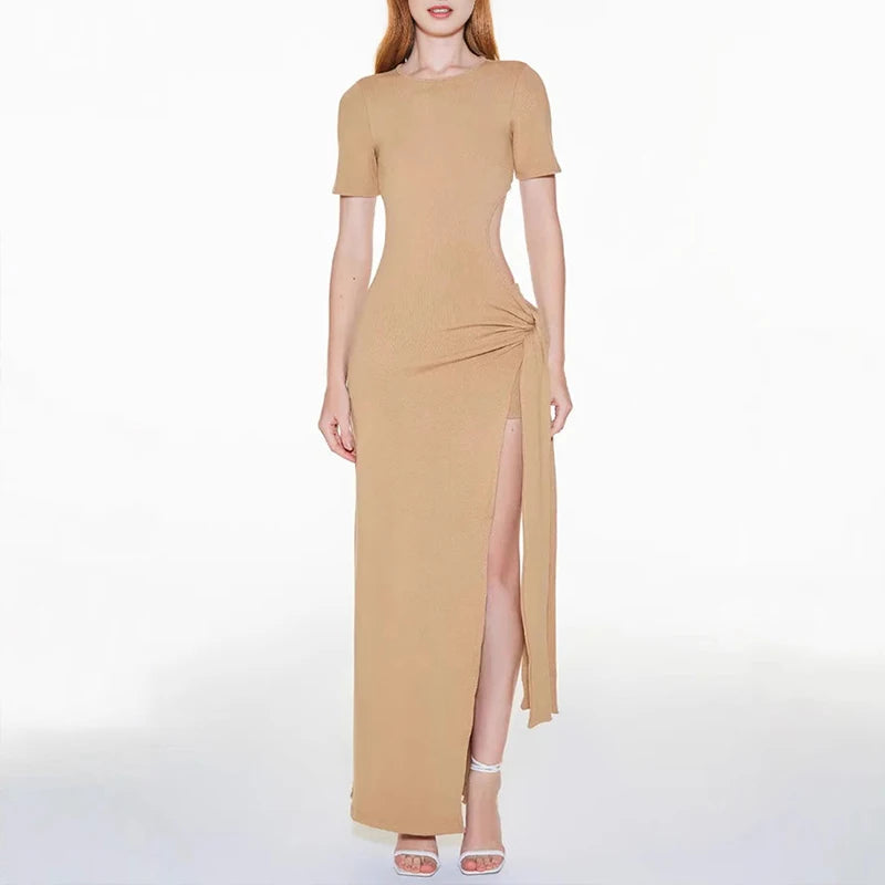 Lunivop  Hottie Short-sleeved Round Collar Bodycon Hollow Off-waist Solid Color Asymmetric Maxi Split Dresses Hipster Sexy Y2K Streetwear