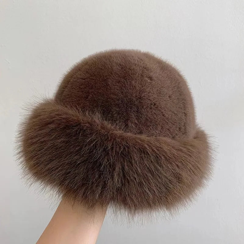 Lunivop Square flat roof Fashion Autumn Winter Leopard Fur Bucket Hat ball Plush Fisherman Hat Soft Warm Thick Basin Bucket Hats