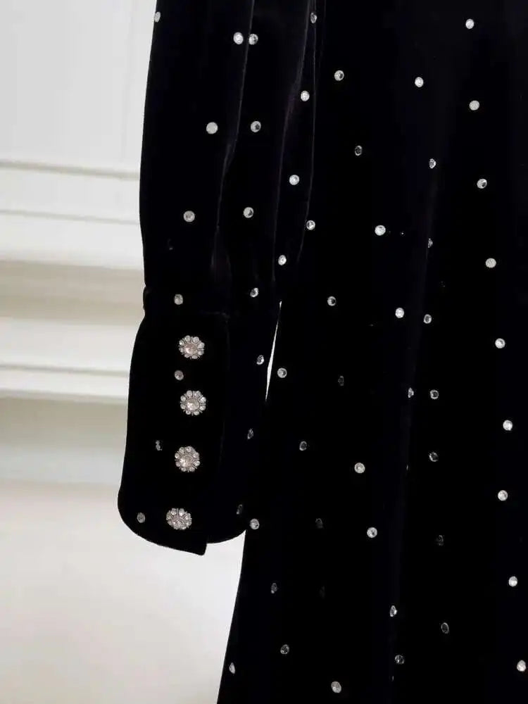 Lunivop French Velvet Diamonds Spliced Black Maxi Dresses For Women V-Neck Lantern Long Sleeve Evening Dress 2025 New Autumn