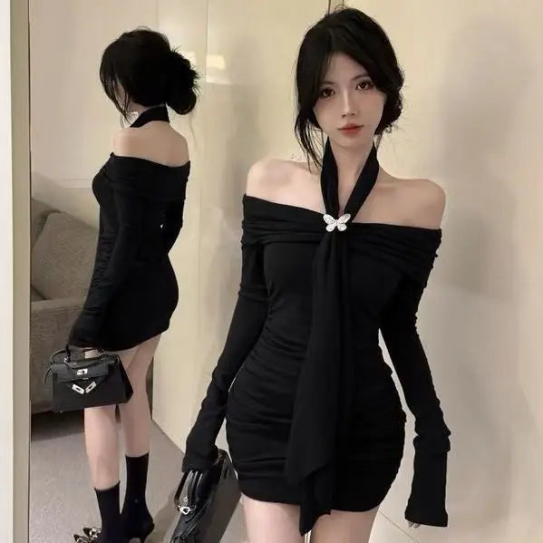 Lunivop  Y2k Sexy Off Shoulder Halter Dresses Spring Summer New Long Sleeve Vestidos De Mujer Slim Waist Bodycon Dress for Women