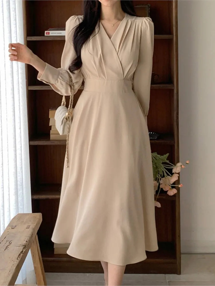 Lunivop  Korean Solid Midi Dresses for Women Fashion V-neck Long Sleeve A-line Solid Casual Dress Office Lady Clothing Autumn New