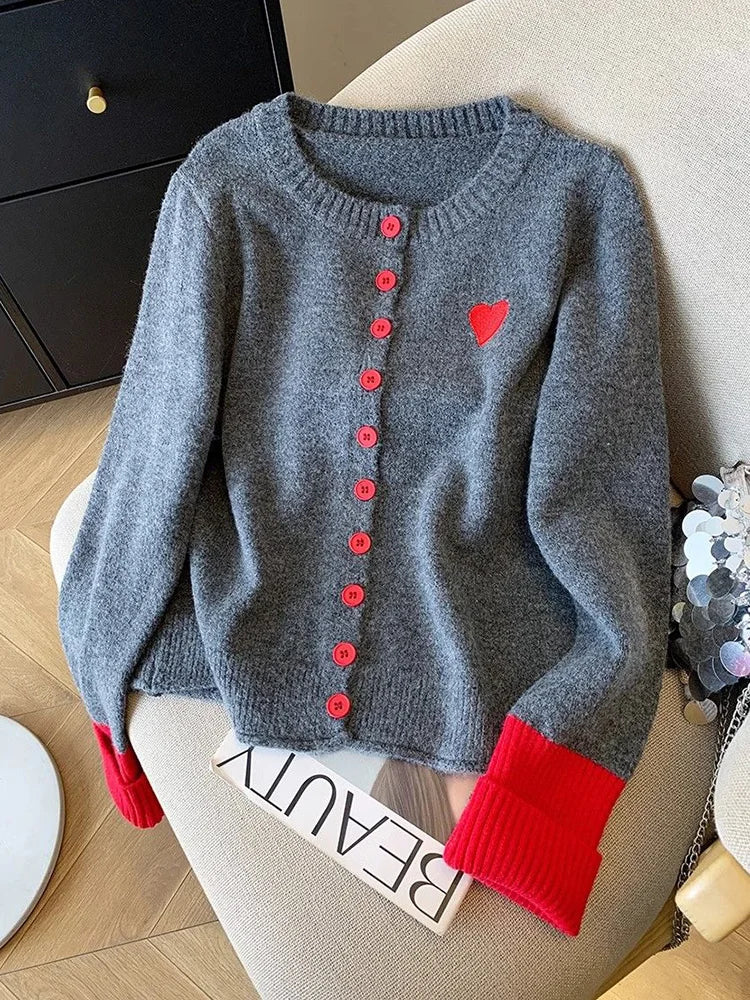 Lunivop Vintage Love Print Cardigan Women Lazy Wind Patchwork Long Sleeve Knitted Sweaters Casual O Neck Fall Retro Korean Female Tops