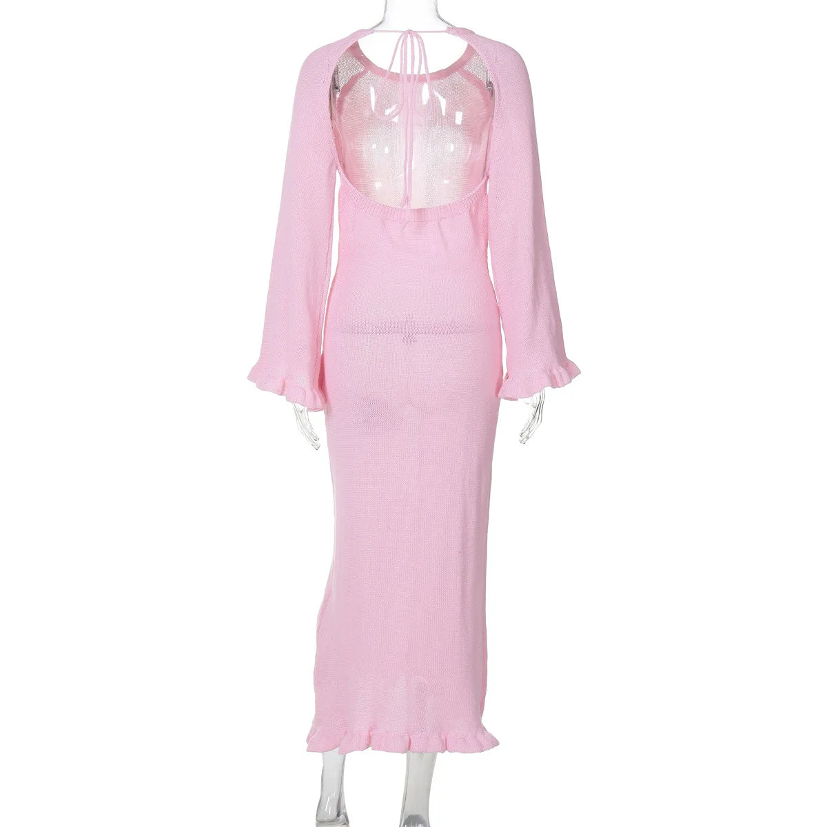 Lunivop Long Sleeve Knitting Backless Lace Up Long Ruffles Casual Dress New Manufacturer Solid 2024 New Y2K Clothing