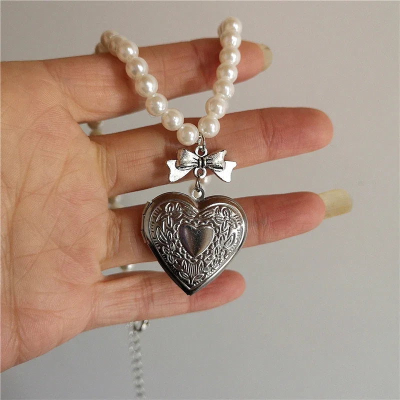 Lunivop Kpop Goth Harajuku Aesthetic Bow Heart Pendant Pearl Necklace For Women Egirl Y2k 2000s EMO Vintage Punk Jewelry Accessories