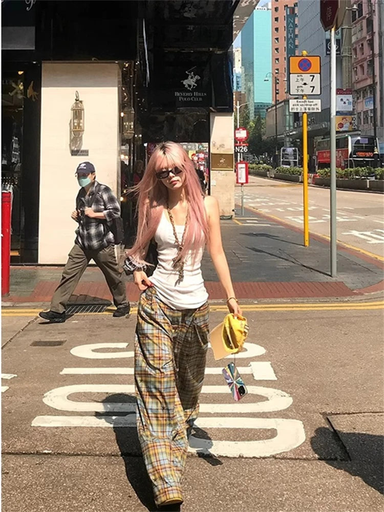 Lunivop American Style Dopaamine Checkered Wide Leg Pants Women Summer Vintage Loose Casual Drapey Long Trousers Fashionable Loose Fit