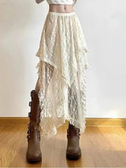 Lunivop Women Lace Skirt Vintage Y2K Aesthetic Summer Fashion High Waist Mid Skirts Ladies Holiday Outfits New