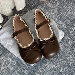 Lunivop  Women's Flat Shoes Vintage Round Toe Elegant Bow Lace Ruffled  Ballet Shallow Flats Fashion Comfortable Soft Mary Jane Shoes