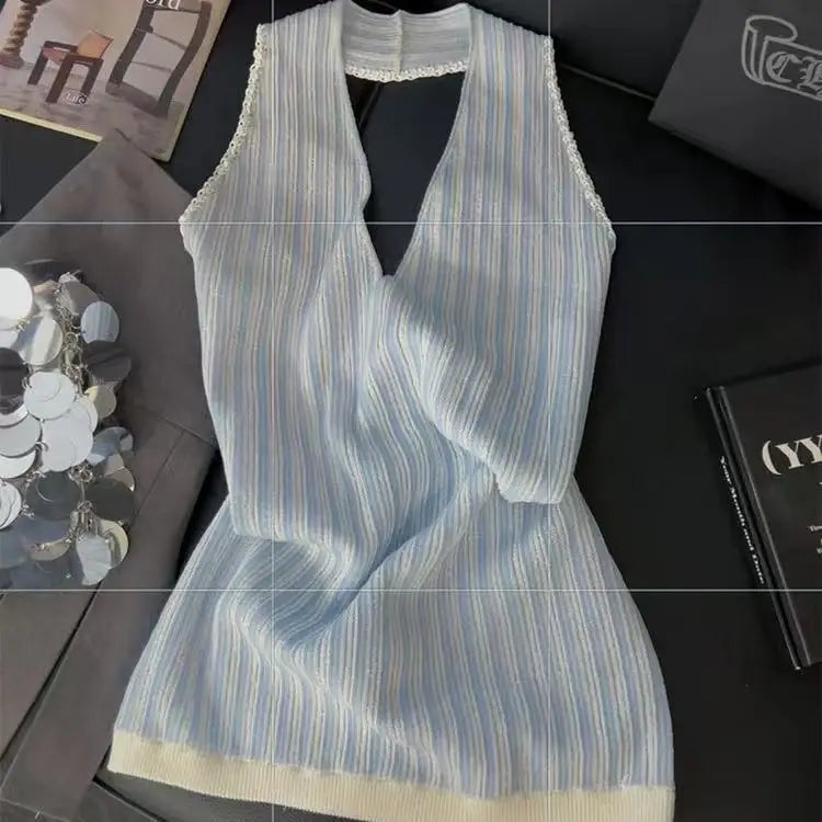 Lunivop  korean high street halter knitter camisole y2k aesthetic constrast color plaid sexy backless design tank tops harajuku girl tees