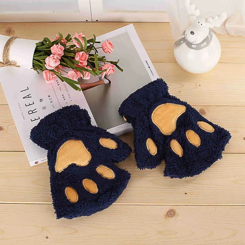 Lunivop Women Cartoon Cat Claw Gloves Thickened Plush Lovely Style Bear Paw Exposed Fingers Half Winter Mittens Warm Girls Gift Gloves