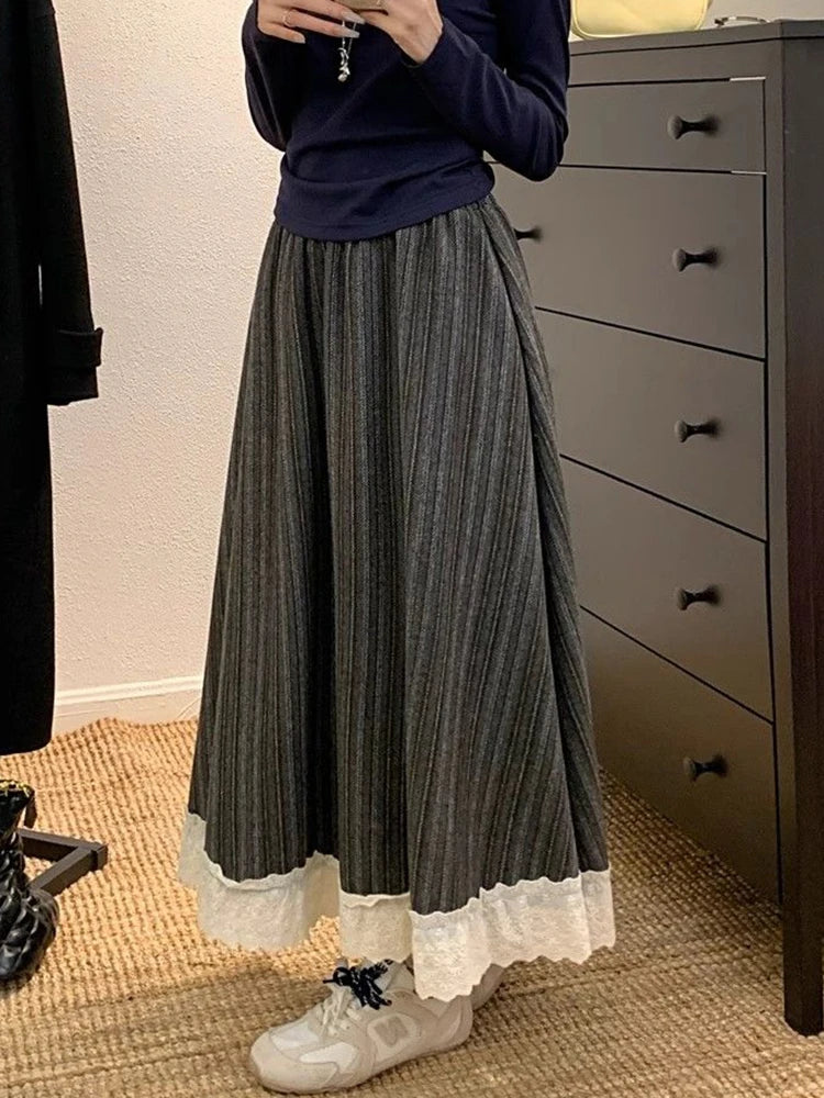 Lunivop Lace Patchwork Striped Long Skirts Korean Retro Faux Woolen Skirts Casual High Waist Loose Lady Autumn Winter Elegant Skirt