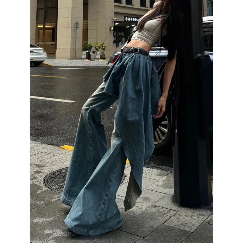 Lunivop Blue Womens Jeans High Waist Vintage Design Hip Hop Straight Baggy Denim Pants Street Y2K American Style Wide Leg Denim Trouser