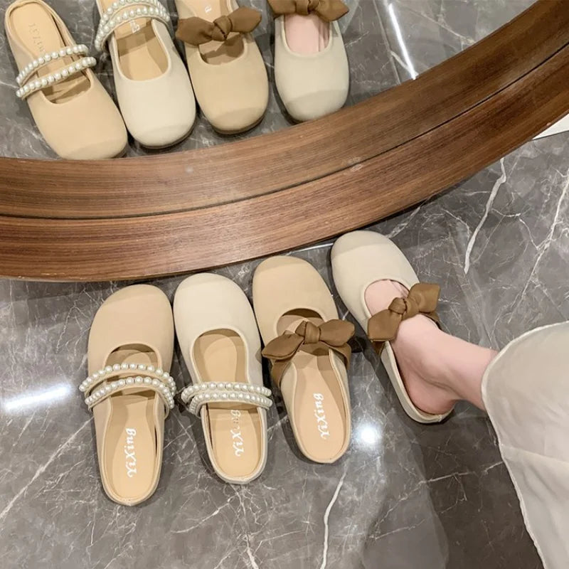 Lunivop Fashion Bowknot Pearl Flat Bottom Baotou Half Slippers Women New Summer Shallow Mouth Mary Jane Single Shoes Casual Slides