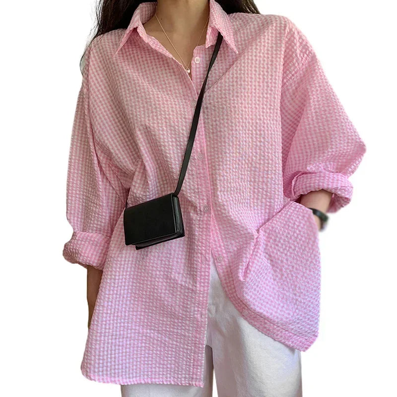 Lunivop Korean Women's Shirt Sunscreen Long Sleeves Shirt Summer Women's Loose Casual Single Breasted Turndown Collar Plaid