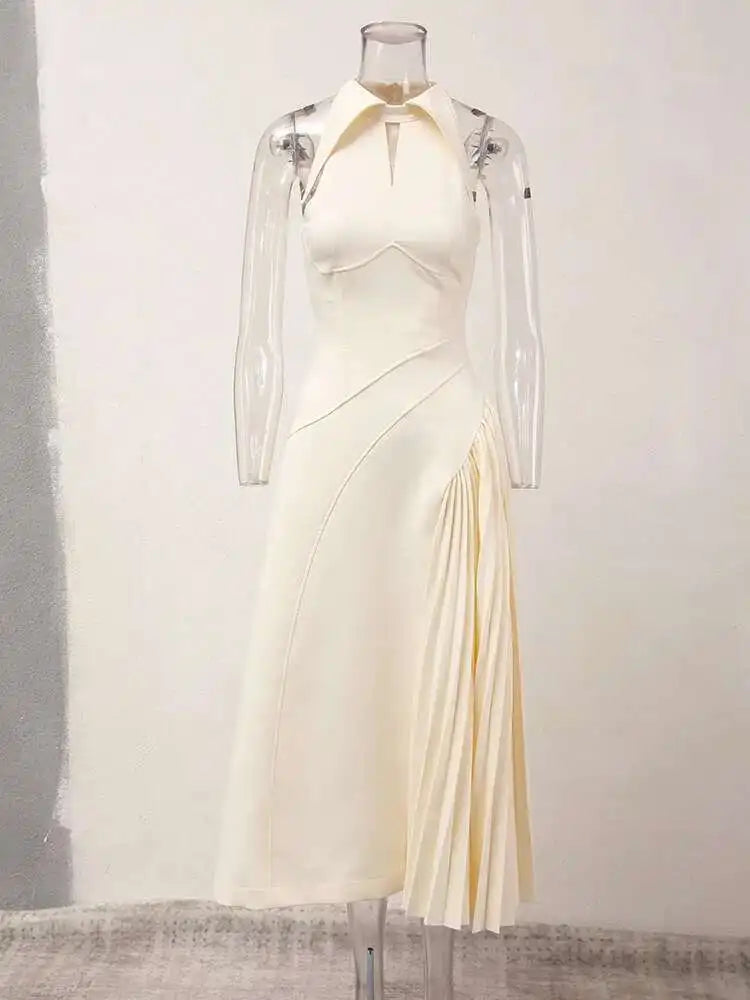 Lunivop Women Fashion Dress Lapel Hollow Out Sleeveless Patchwork Pleated Waist Asymmetric Elegant Dresses Summer New