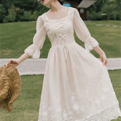 Lunivop  Chic Fashion Women Vintage Gentle Solid Square Collar Gauze Half Sleeve Dresses Elegant Lace All Match Vestidos Mujer