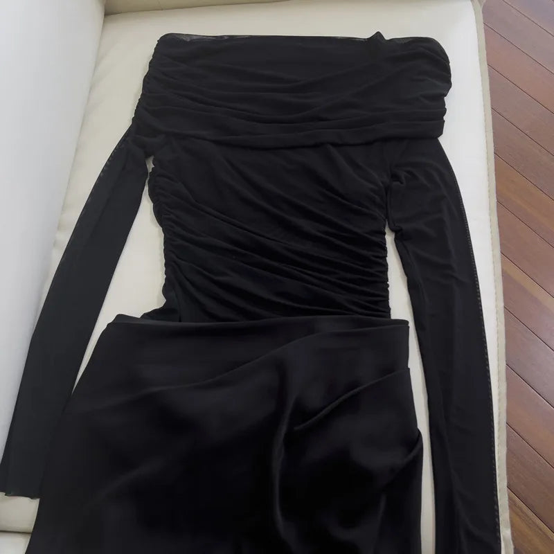Lunivop  Fashion Mesh Hollow Out Dress Women's Slash Neck Long Sleeve Waist Retraction Dresses 2025 Summer New Tide