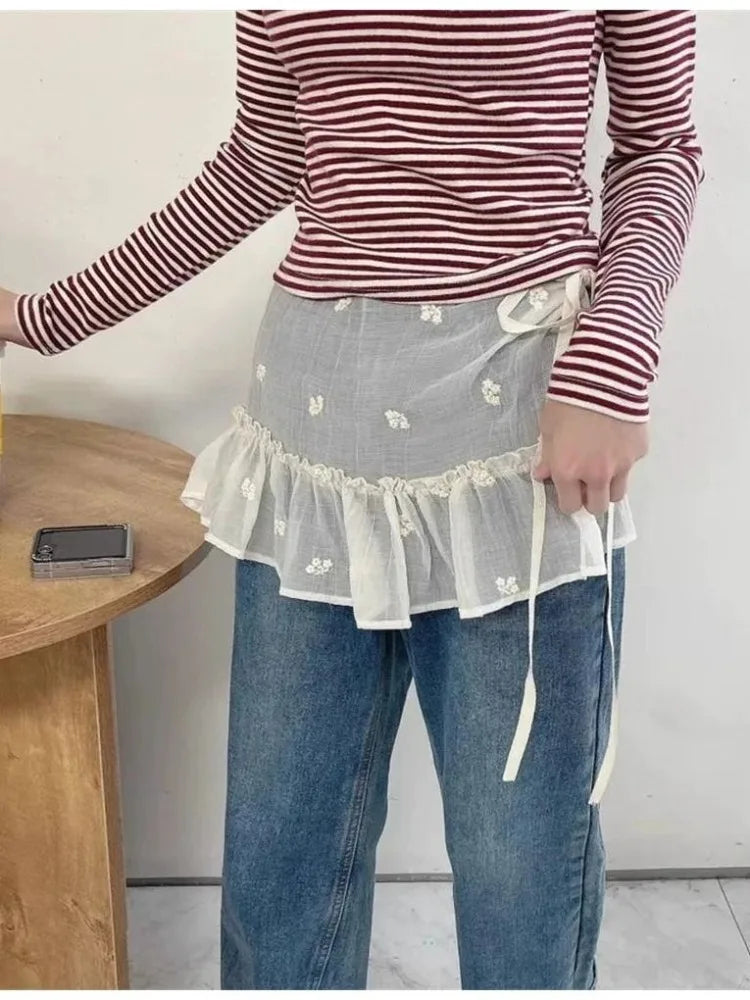 Lunivop  Y2k Sweet Embroidery Flower Skirts See Through Mesh Skirt for Women 2025 Summer New High Waist Lace Up Faldas Mujer